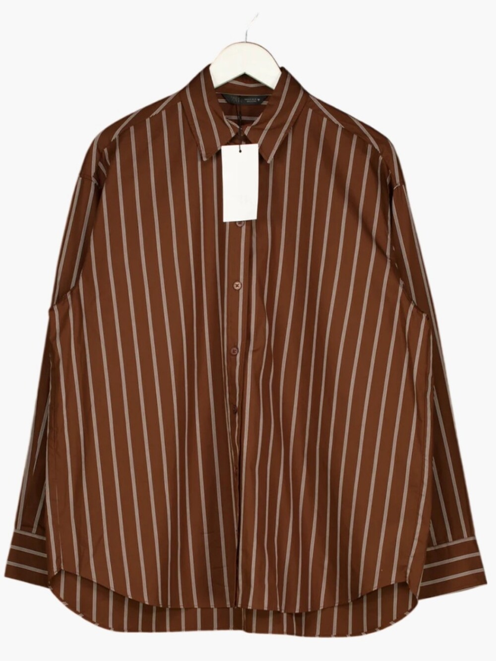 Zara Brown and Cream Vertical Stripe Button-Down Shirt Oversized Size XS New
